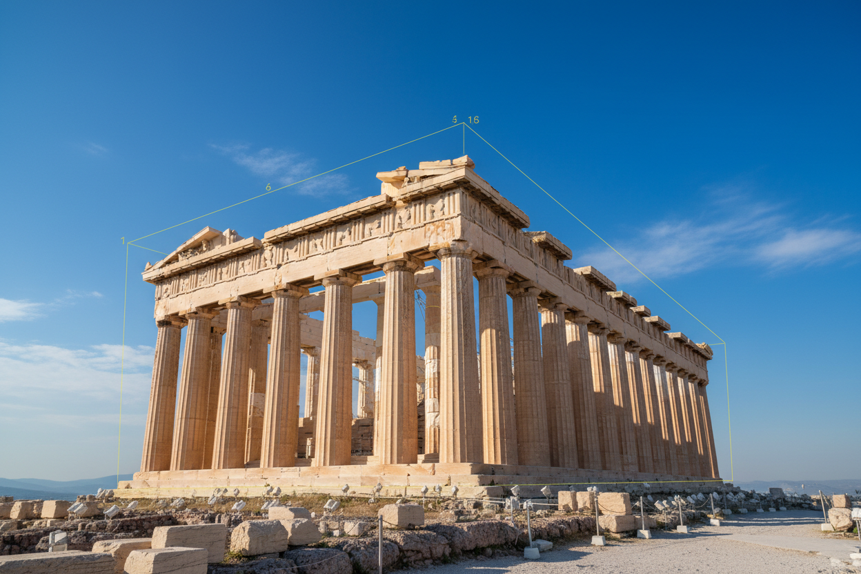 A side-by-side comparison of the Parthenon’s facade and a modern curtain ring design, both highlighting golden ratio proportions