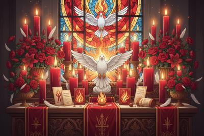 Pentecost Altar: Red Candles, Flames, and Dove Symbols
