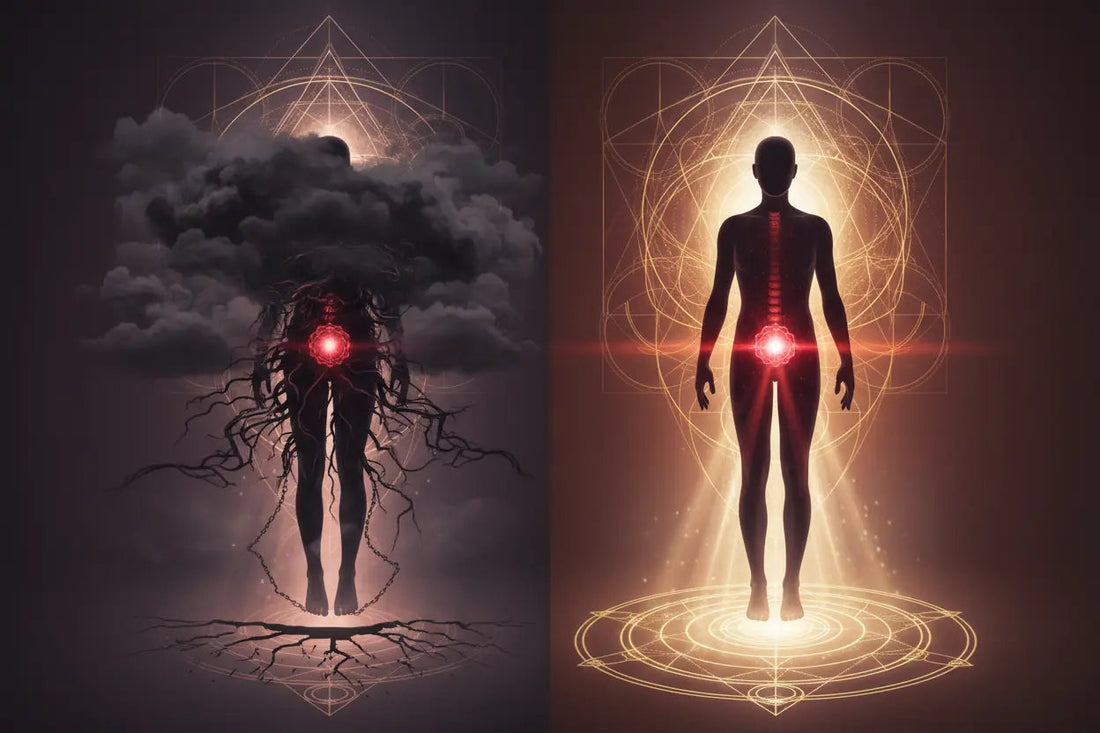 Blocked root chakra visualization showing symptoms of fear, anxiety, and insecurity versus balanced grounding energy