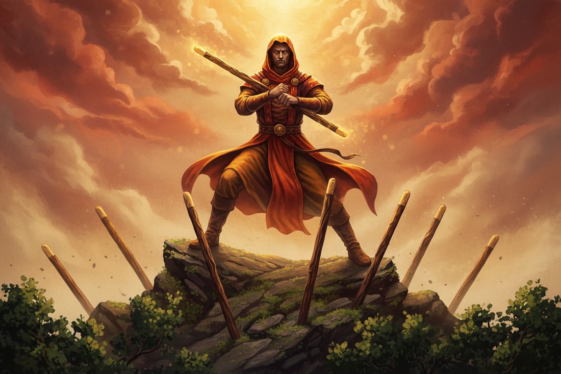 Seven of Wands Tarot Card: Complete Guide to Meaning & Symbolism