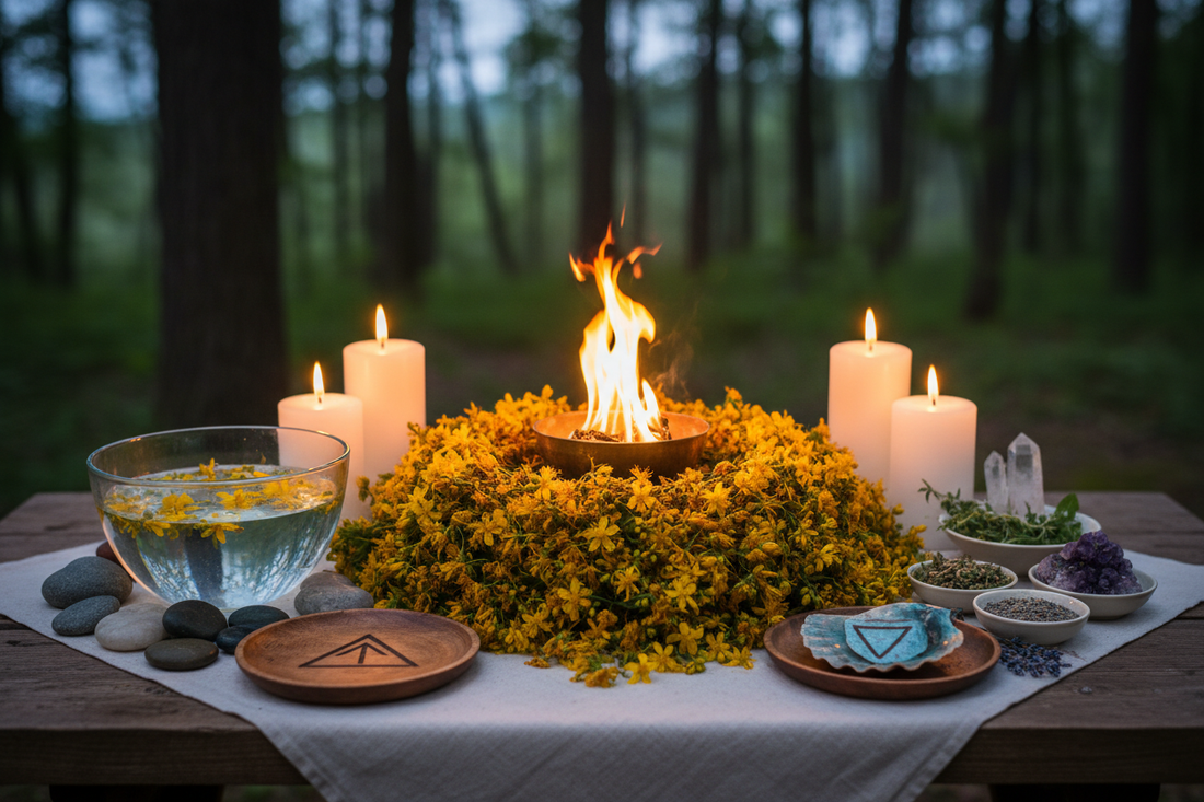 St. John's Eve Altar: St. John's Wort, Fire, and Water Symbols - Nicole's ritual universe