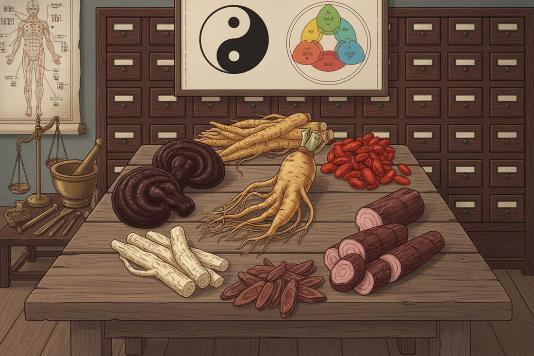 An ancient Chinese scroll depicting the five elements and the flow of qi in the body, surrounded by traditional Chinese medicinal herbs and instruments