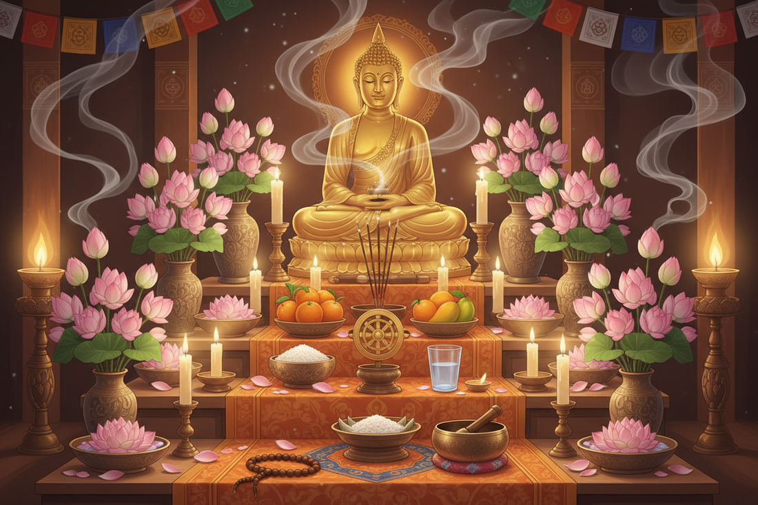 Vesak Altar: Lotus Flowers, Candles, and Buddha Symbols - Nicole's ritual universe