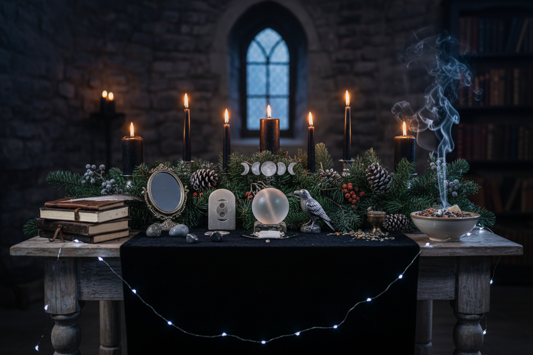 Winter Solstice Preparation Altar: Dark Candles, Evergreens, and Preparation Symbols