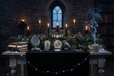 Winter Solstice Preparation Altar: Dark Candles, Evergreens, and Preparation Symbols