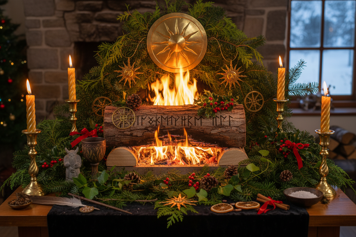 Yule Altar: Yule Log, Evergreens, and Solar Symbols - Nicole's ritual ...