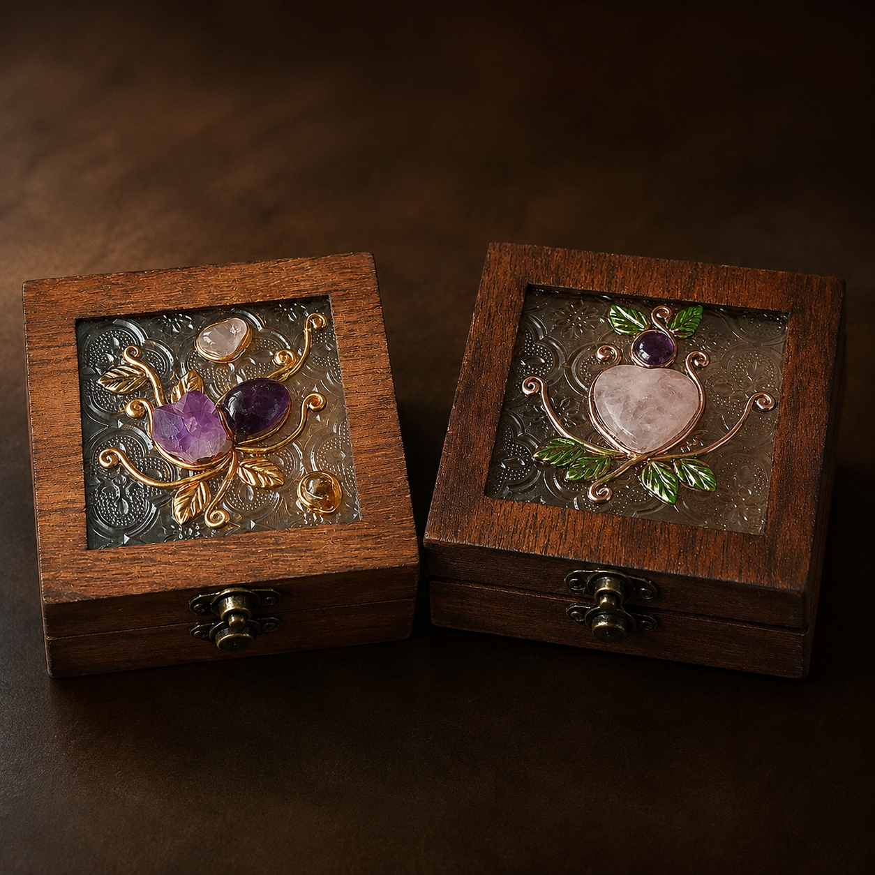 Crystal Wooden Jewelry Box | Rose Quartz & Amethyst Decorative Storage Box