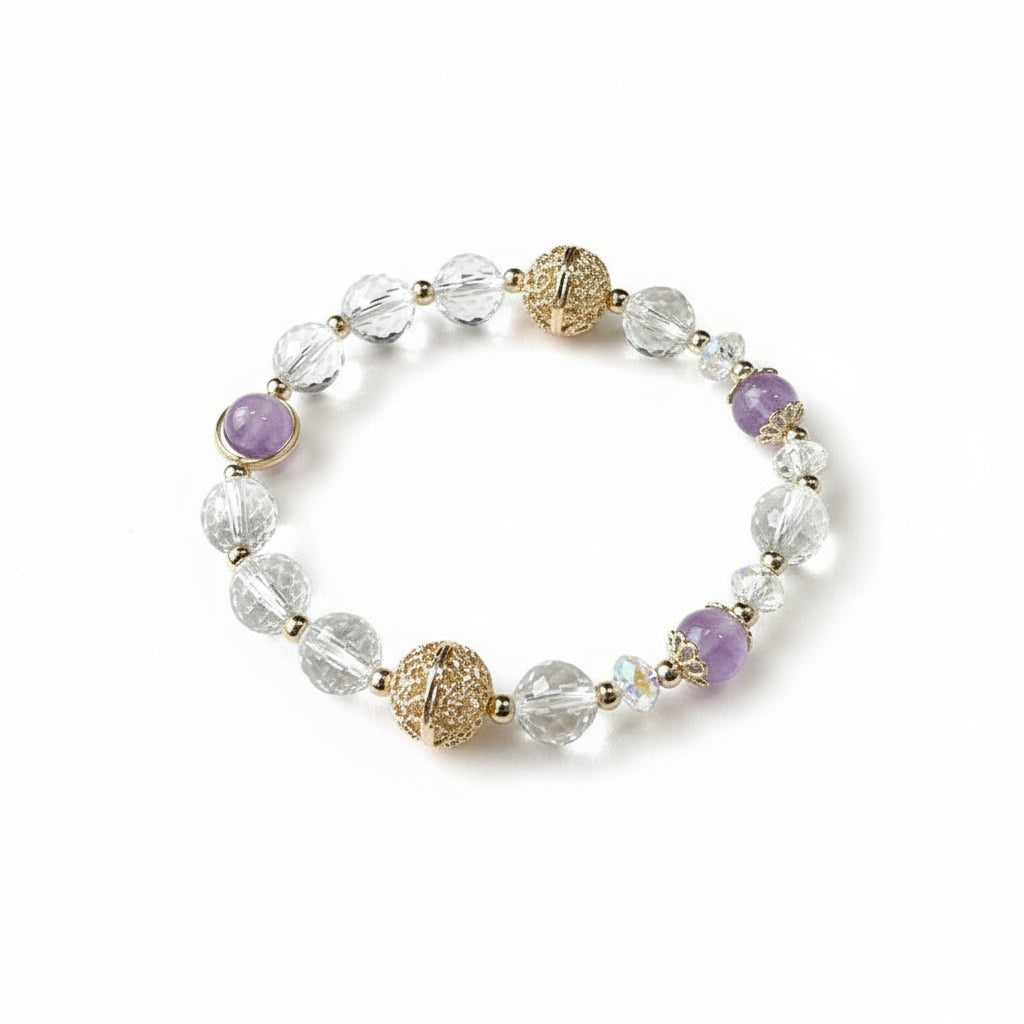 White Crystal & Purple Jade Bracelet: Purity Meets Spiritual Nobility