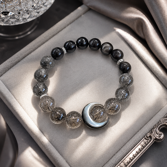 Natural Black Hair Crystal Silver Obsidian Moon Ethnic Style Bracelet