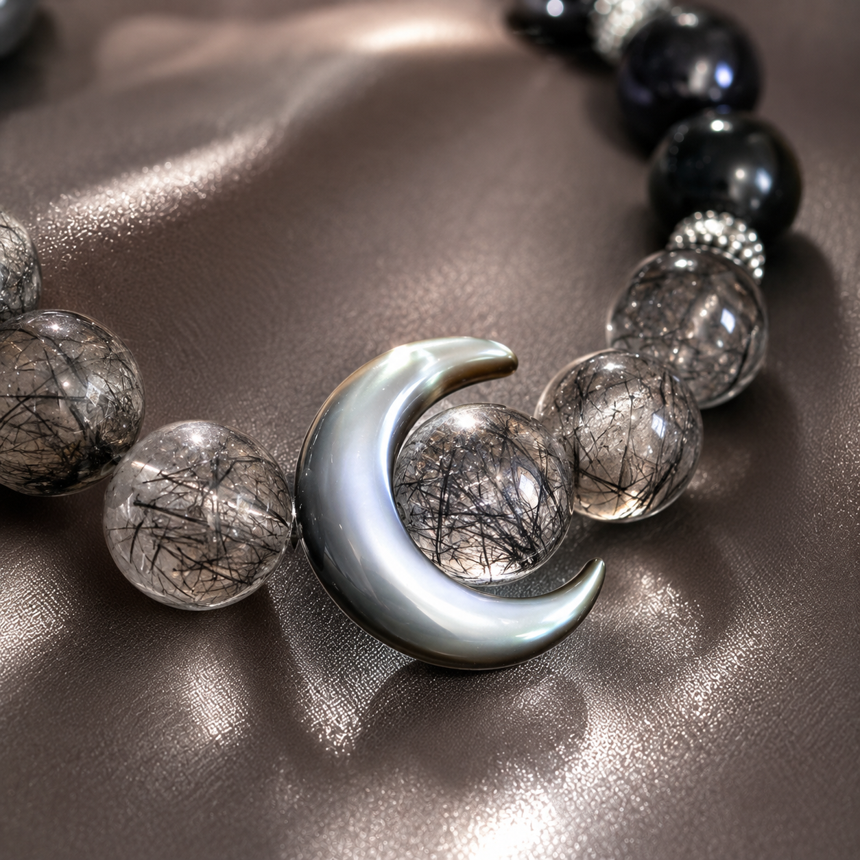 Natural Black Hair Crystal Silver Obsidian Moon Ethnic Style Bracelet