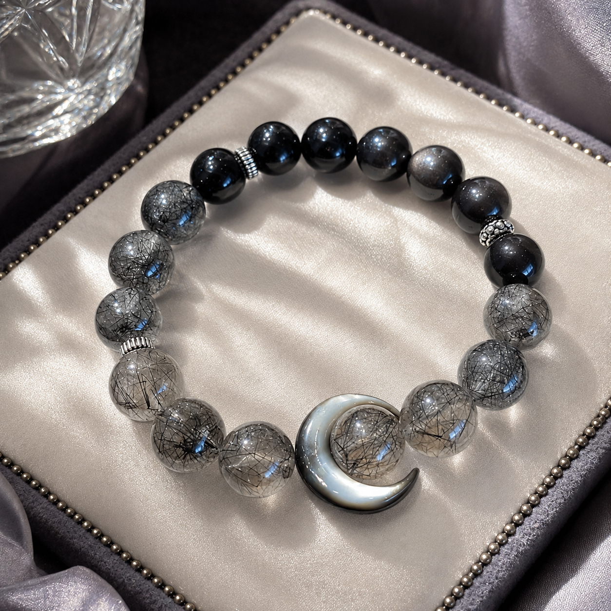 Natural Black Hair Crystal Silver Obsidian Moon Ethnic Style Bracelet