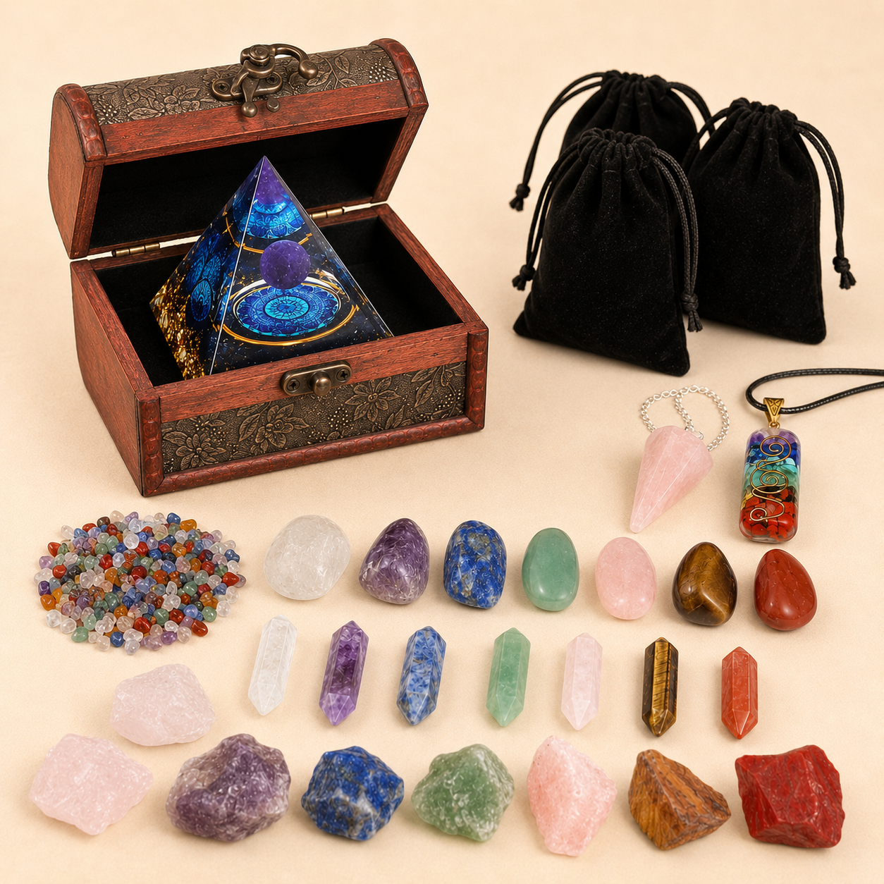 Natural Crystal Seven-color Set, Crystal Pyramid crystal, Rough stone, Colling stone set