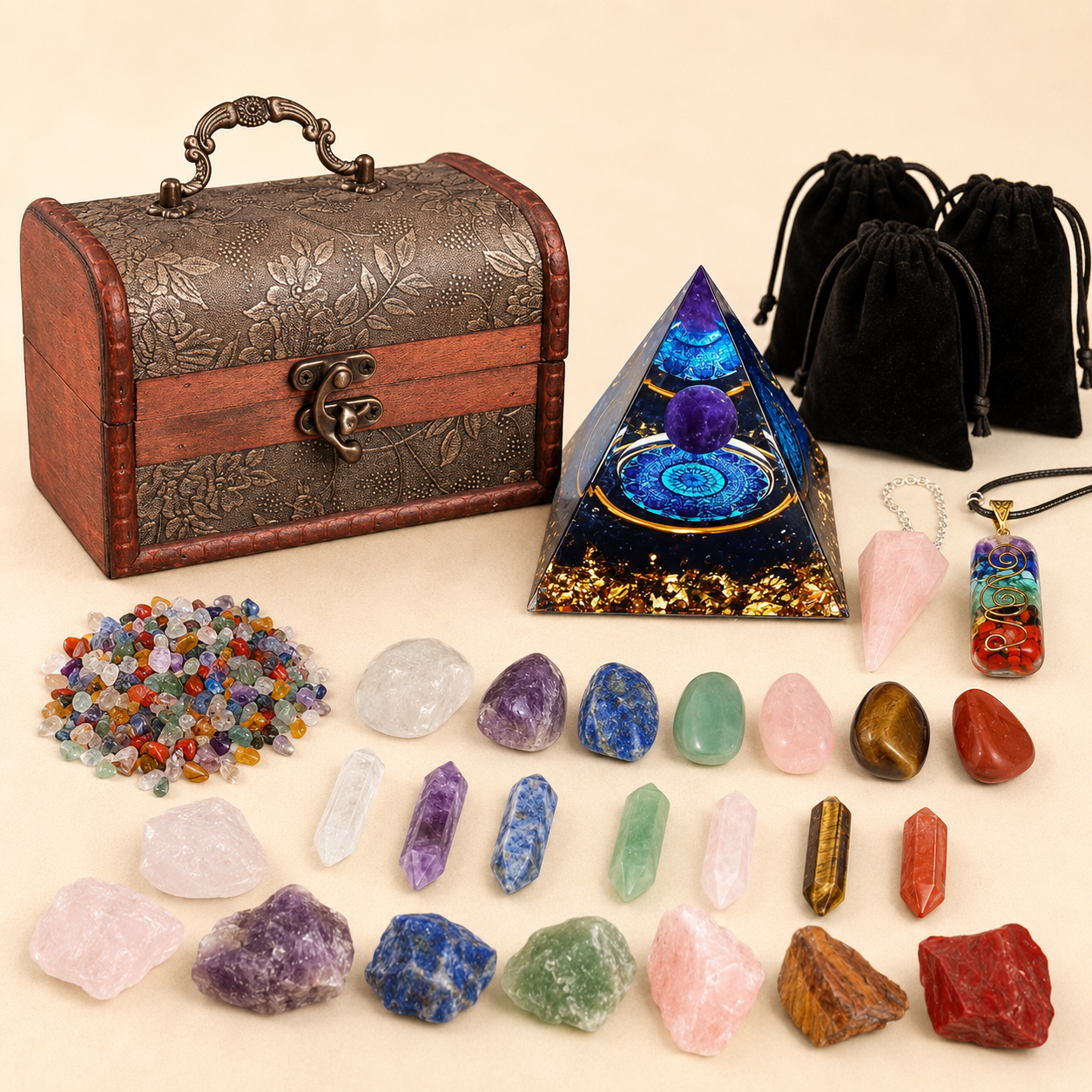 Natural Crystal Seven-color Set, Crystal Pyramid crystal, Rough stone, Colling stone set