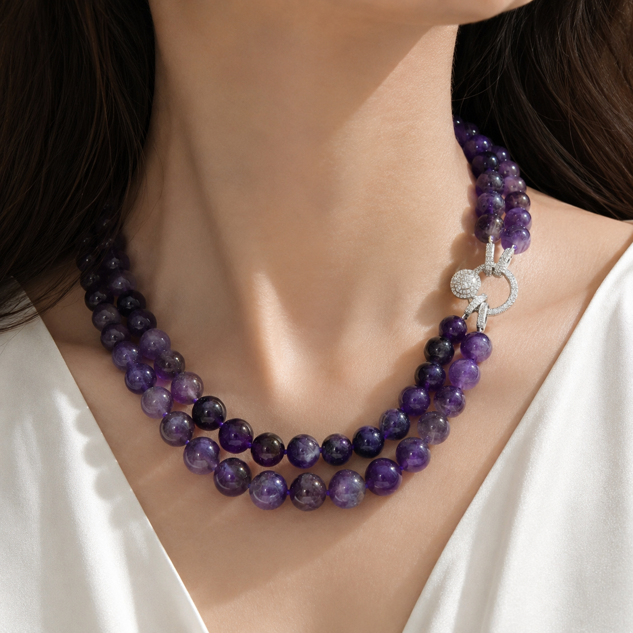 10mm Amethyst Double Layer Necklace | Detachable Multi-Wear Sweater Chain