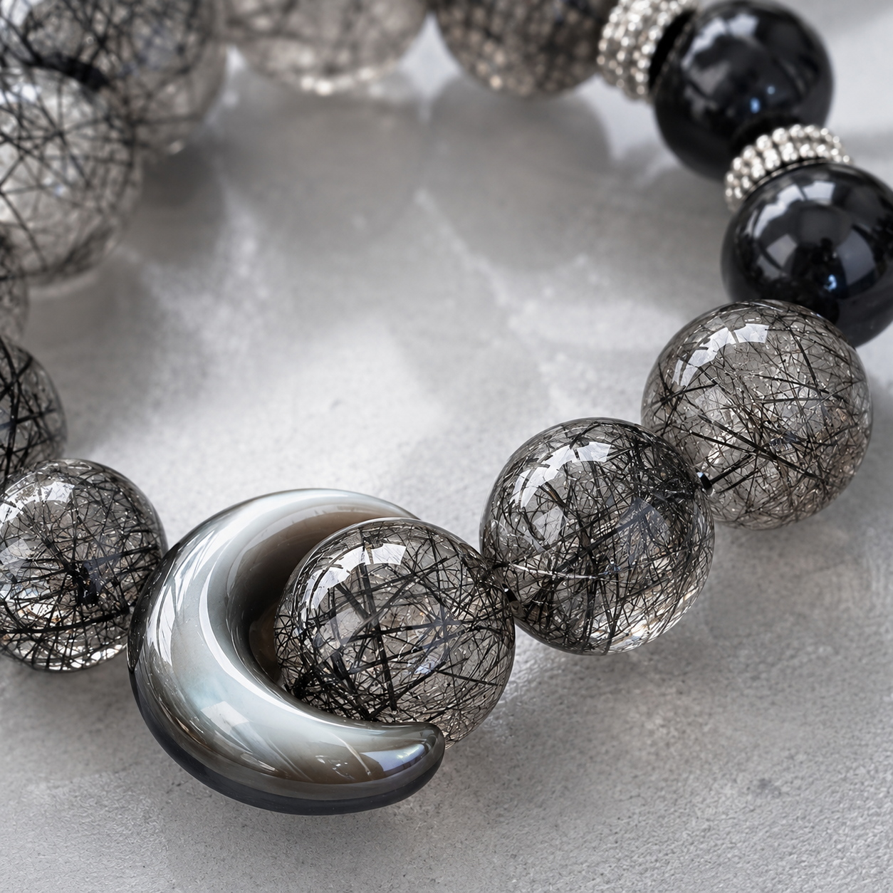 Natural Black Hair Crystal Silver Obsidian Moon Ethnic Style Bracelet