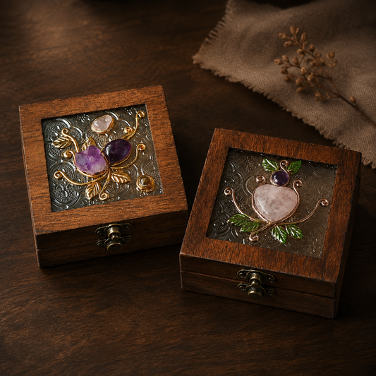 Crystal Wooden Jewelry Box | Rose Quartz & Amethyst Decorative Storage Box