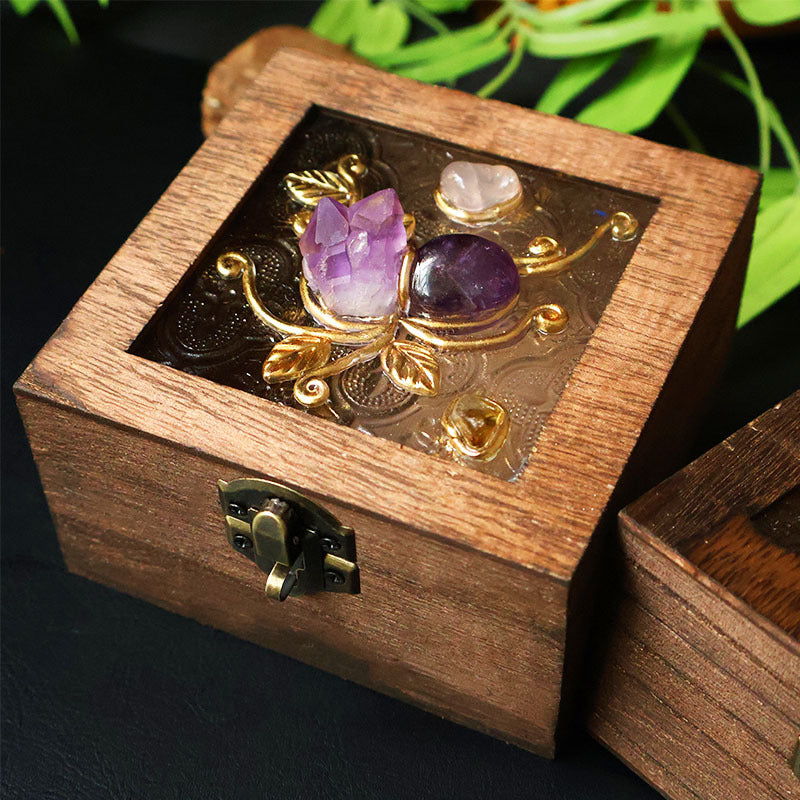 Crystal Wooden Jewelry Box | Rose Quartz & Amethyst Decorative Storage Box