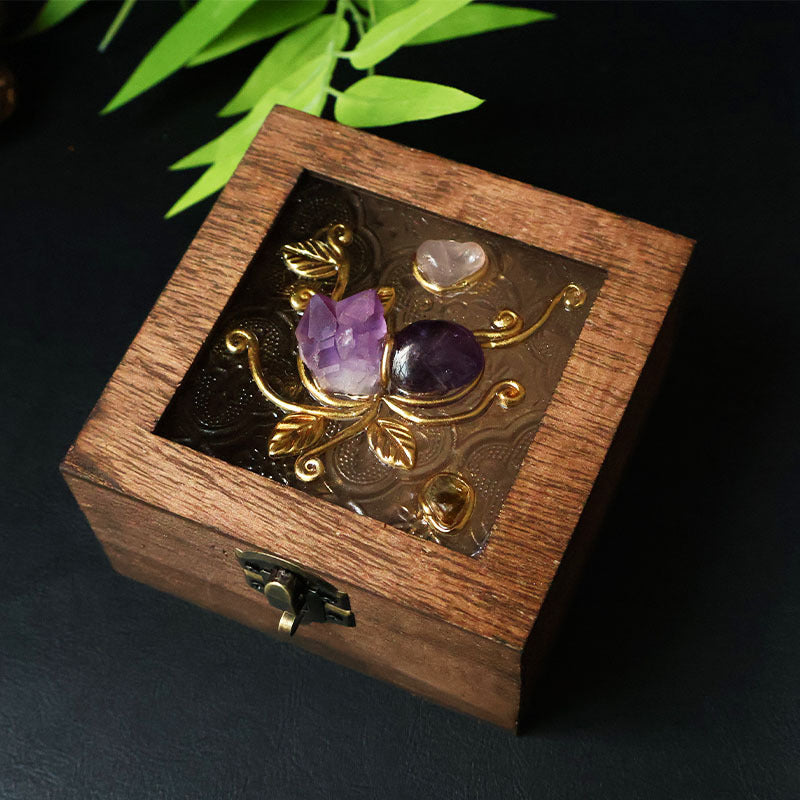 Crystal Wooden Jewelry Box | Rose Quartz & Amethyst Decorative Storage Box