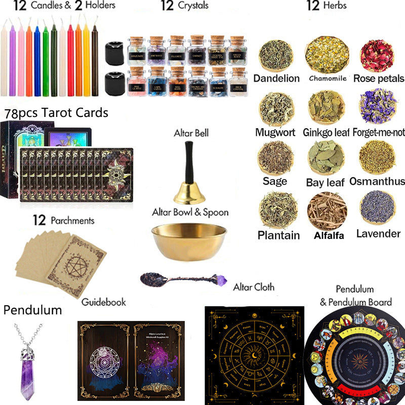 Cross-border Witchcraft Kit Natural Crystal Raw Stones Dried Flowers and Herbal Crystals Magic Set 135pcs