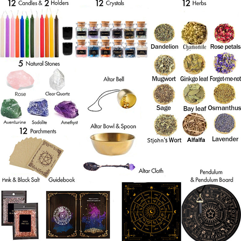 Witchcraft Kit Natural Crystal Rough Stone Dried Flowers and Herbal Crystal Magic Set Box 64pcs