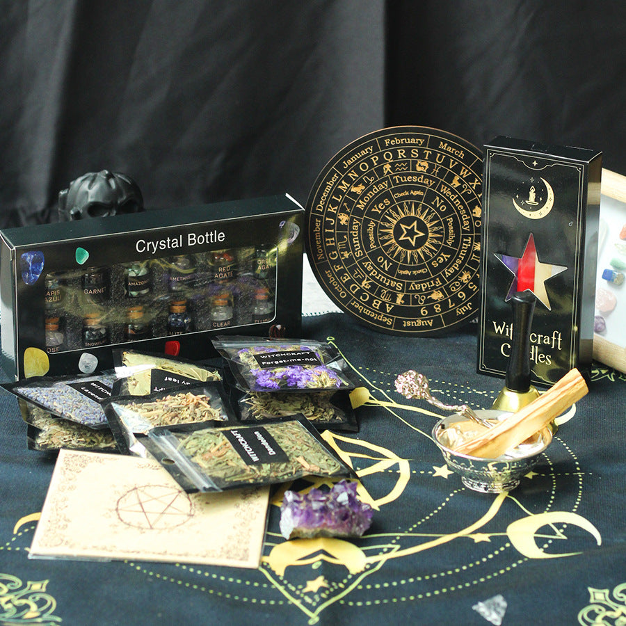 Witchcraft Kit Natural Crystal Raw Stones Dried Flowers and Herbal Crystals Magic Set Box 58pcs