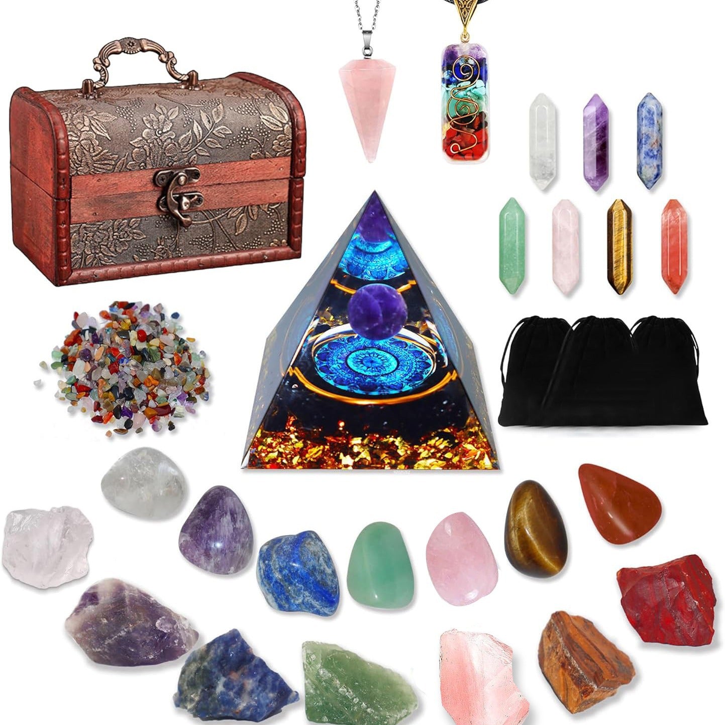 Natural Crystal Seven-color Set, Crystal Pyramid crystal, Rough stone, Colling stone set