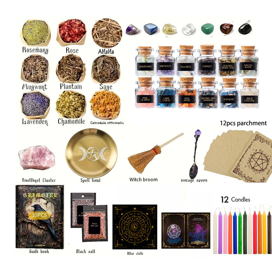 Witchcraft Kit Natural Crystal Raw Stones Dried Flowers and Herbal Crystals Magic Set 89pcs