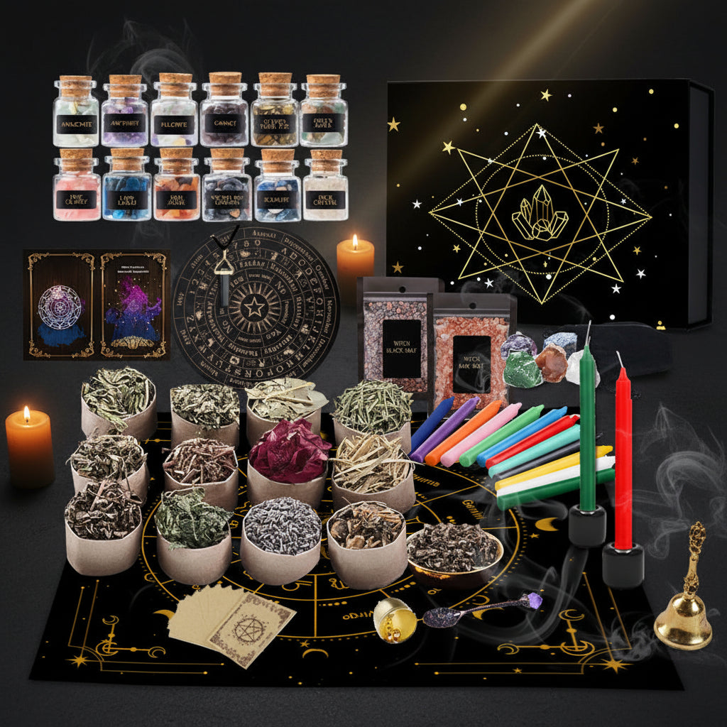 Witchcraft Kit Natural Crystal Rough Stone Dried Flowers and Herbal Crystal Magic Set Box 64pcs