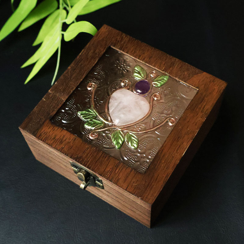 Crystal Wooden Jewelry Box | Rose Quartz & Amethyst Decorative Storage Box