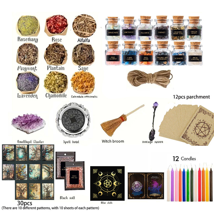 Cross-border Witchcraft Kit Natural Crystal Rough Dried Flowers and Herbal Crystal Magic Set 84pcs