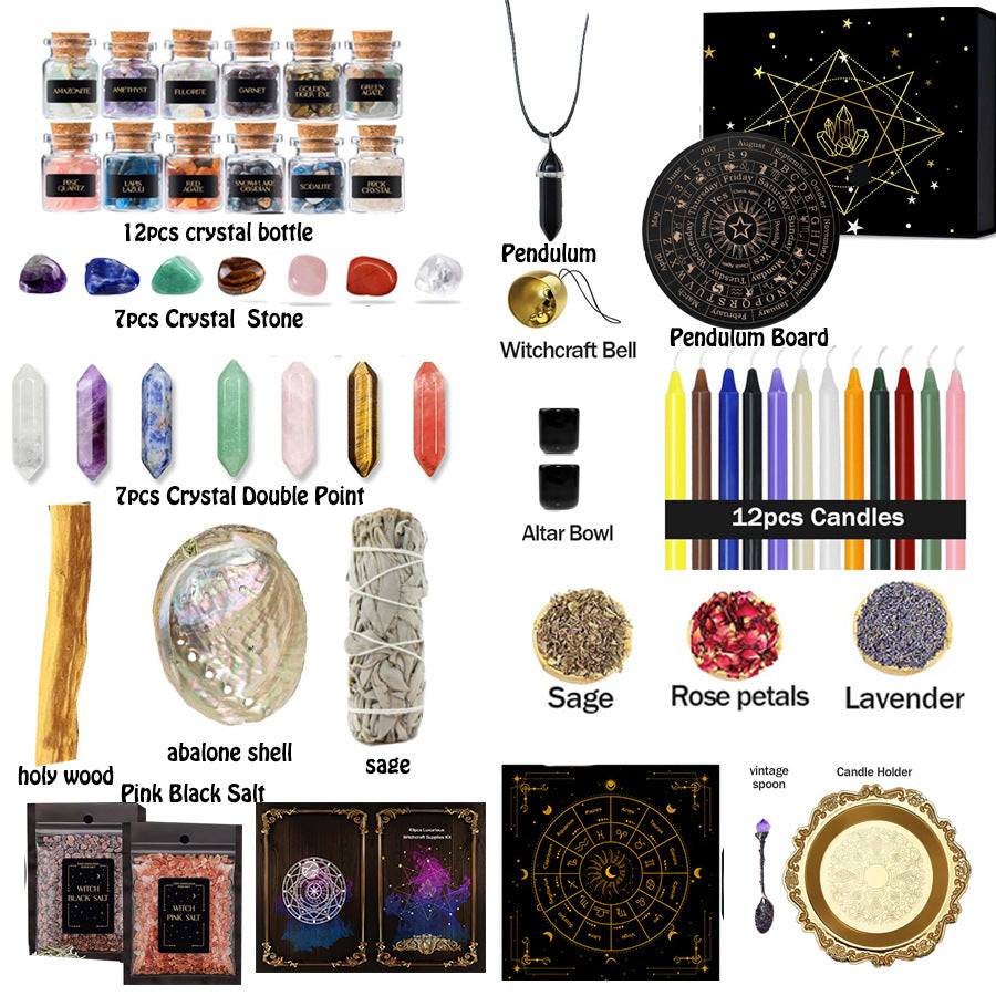 Witchcraft Kit Natural Crystal Rough Dried Flowers and Herbal Crystal Magic Set 55pcs