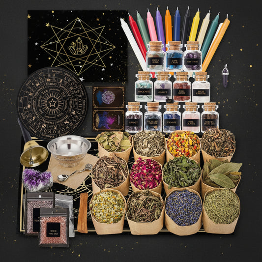 Witchcraft Kit Natural Crystal Raw Stones Dried Flowers and Herbal Crystals Magic Set Box 58pcs