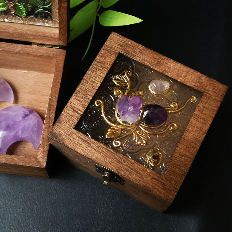 Crystal Wooden Jewelry Box | Rose Quartz & Amethyst Decorative Storage Box