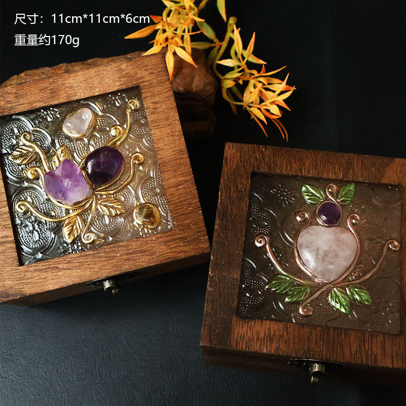 Crystal Wooden Jewelry Box | Rose Quartz & Amethyst Decorative Storage Box