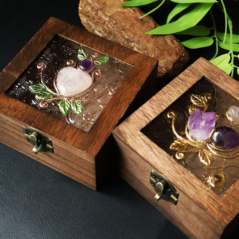 Crystal Wooden Jewelry Box | Rose Quartz & Amethyst Decorative Storage Box