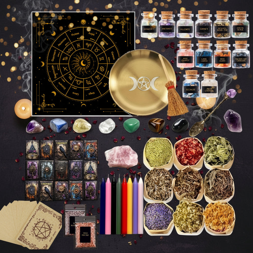 Witchcraft Kit Natural Crystal Raw Stones Dried Flowers and Herbal Crystals Magic Set 89pcs