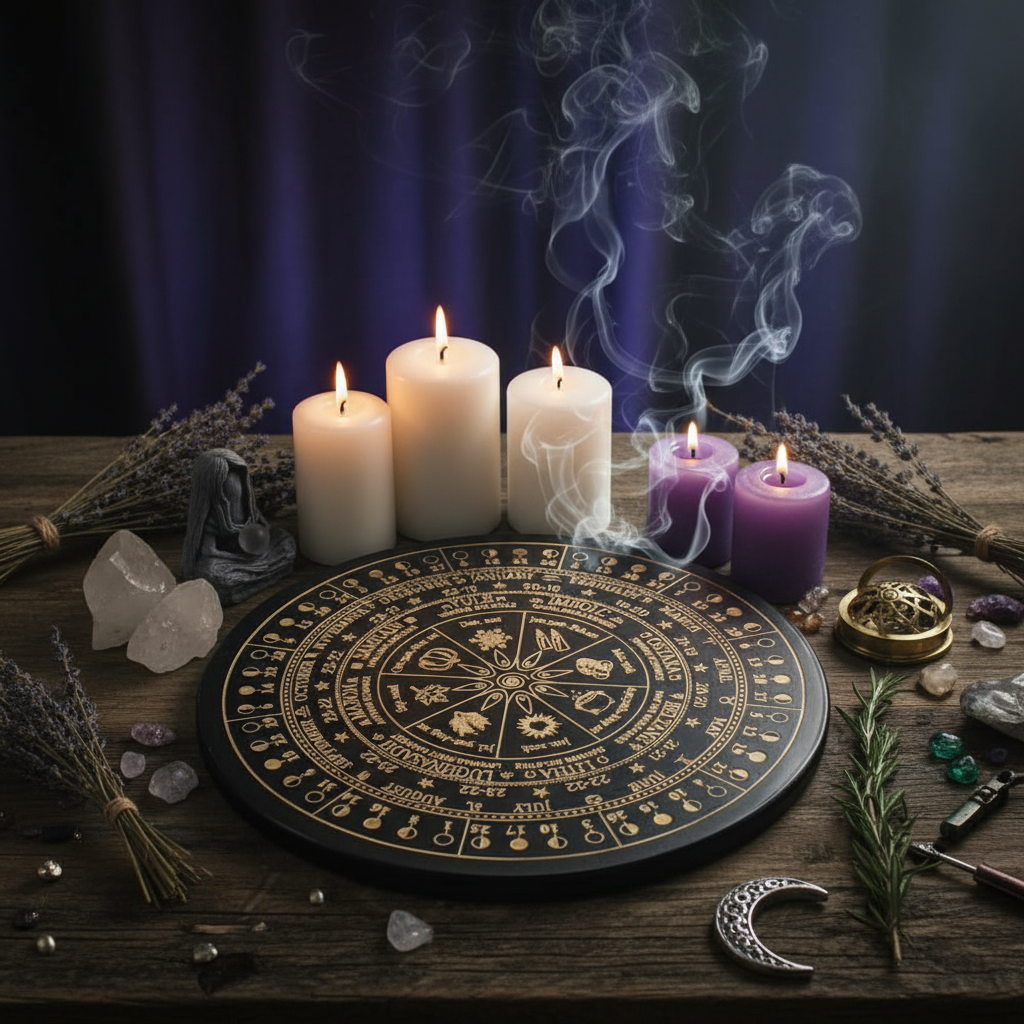 Altar Star Chart Moon Phase Calendar Wooden Carving Plate - Ritual Magic Style