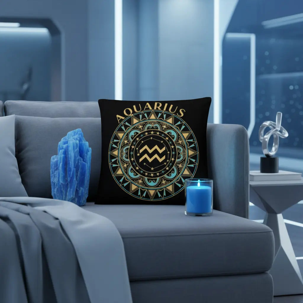 Aquarius Art Deco Gold Teal Mandala Zodiac Pillow Modern Futuristic Lifestyle Scene