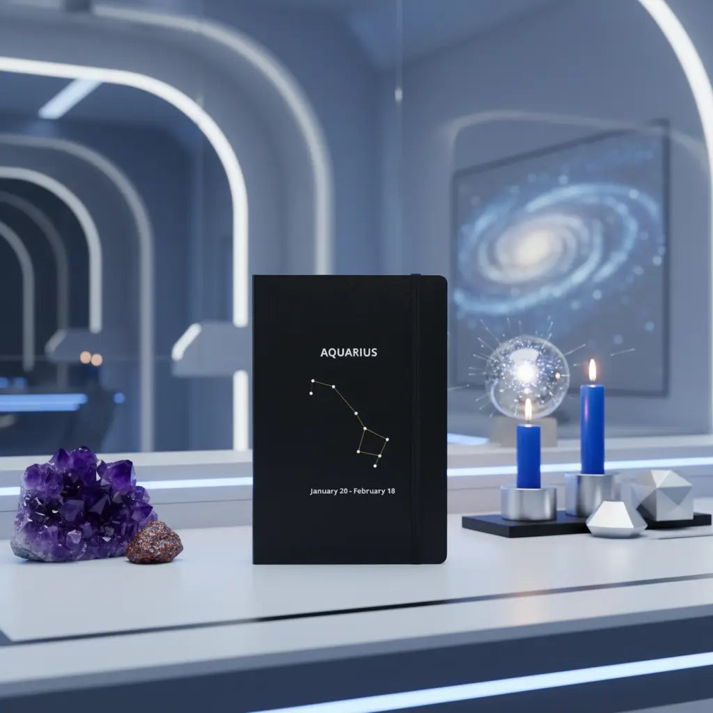 Aquarius Constellation Black Leather Hardcover Notebook Futuristic Celestial Lifestyle Scene