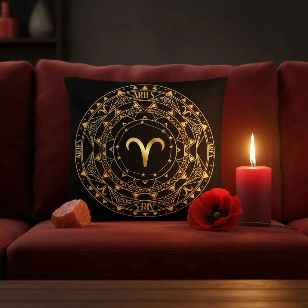 Aries Pure Gold Art Deco Spiral Mandala Zodiac Pillow Bold Fiery Lifestyle Scene