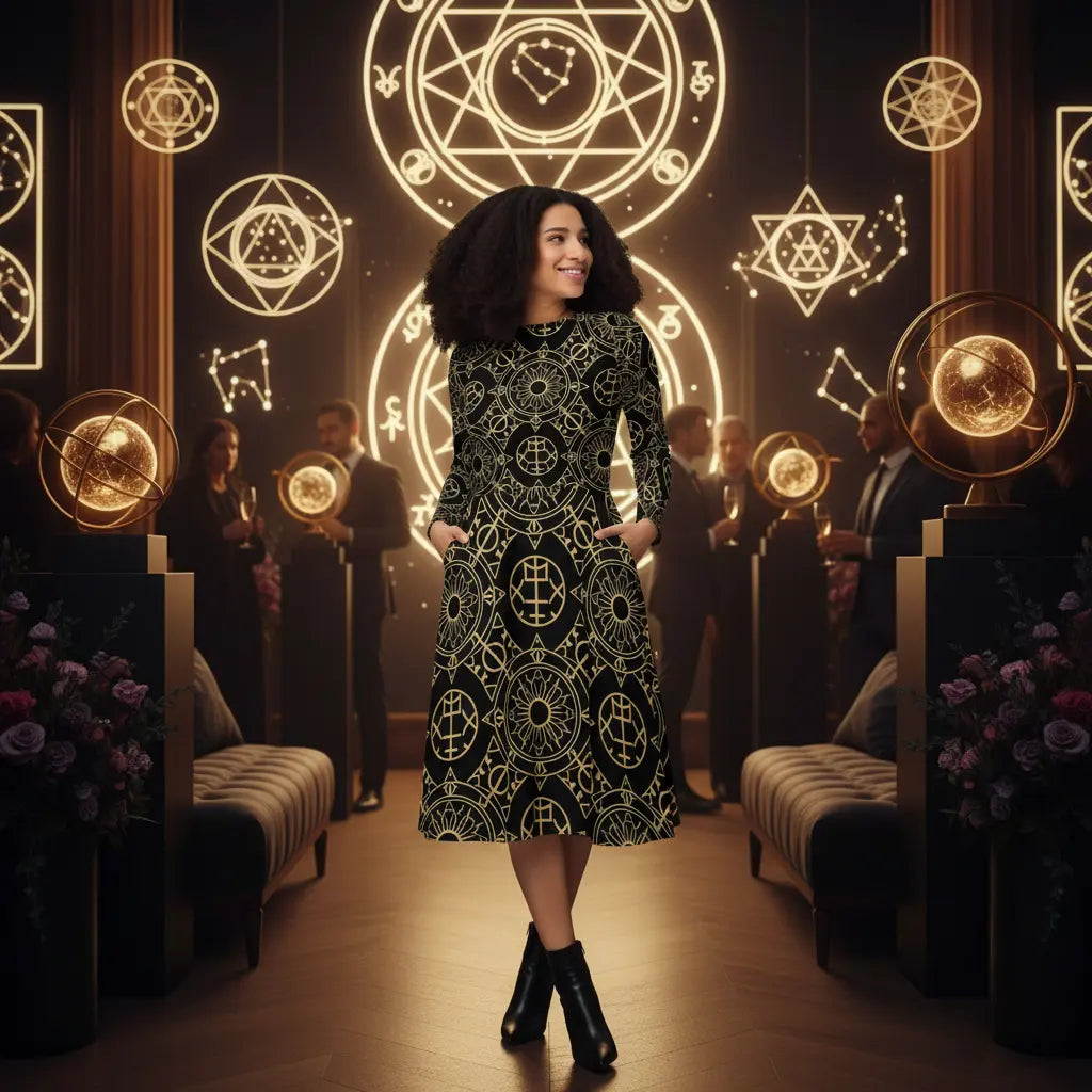 Black Gold Astrology Magic Circles Midi Dress Lifestyle Scene