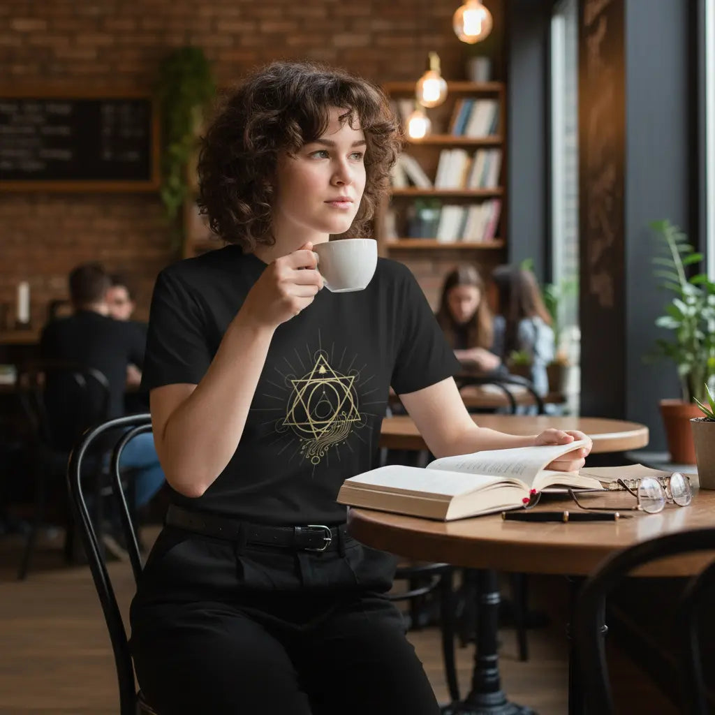 Black Gold Hexagram T-Shirt Relaxed Pose Lifestyle Scene