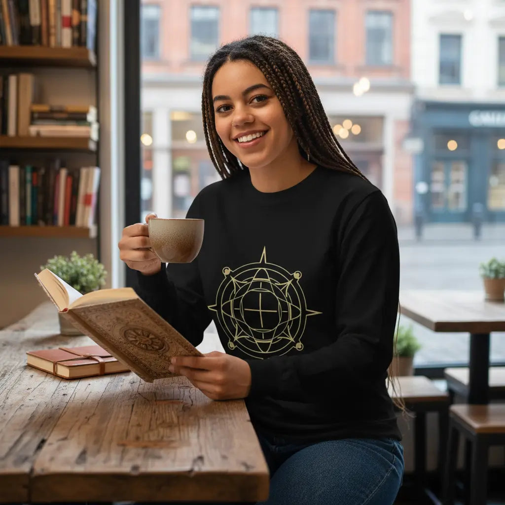 Black Gold Sacred Geometry Compass Sweatshirt Lifestyle Scene