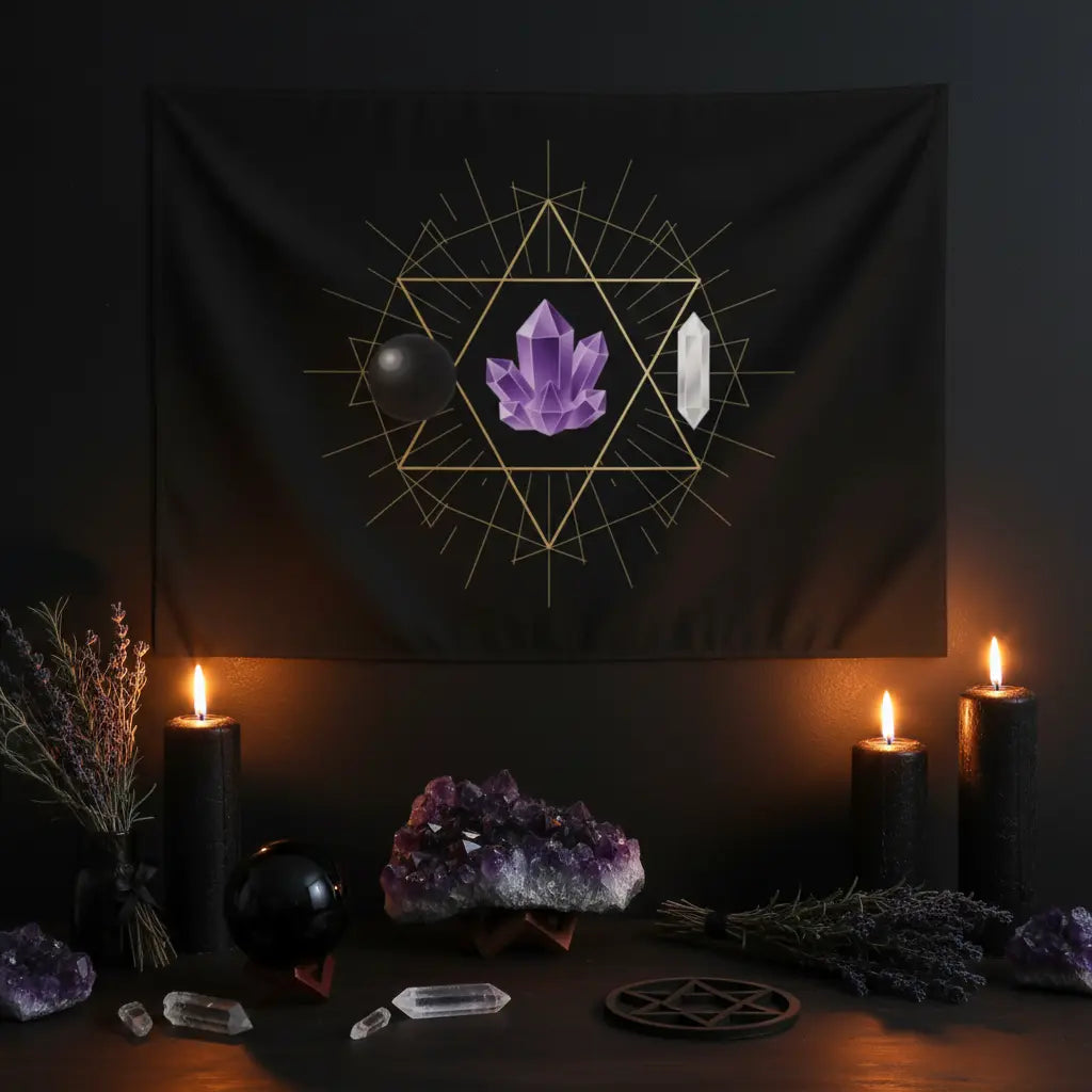 Black Gold Star of David Amethyst Obsidian Quartz Tapestry Dark Mystical Altar Scene
