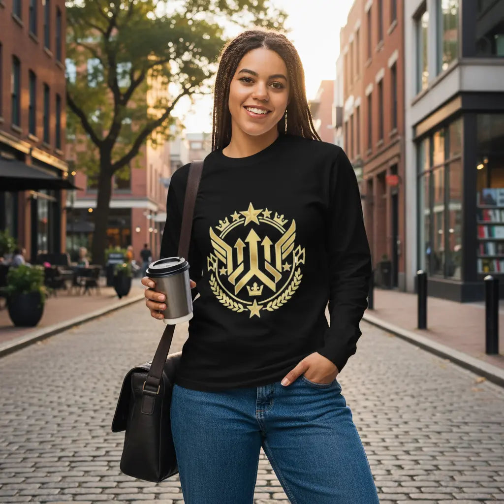 Black Gold Three Upward Arrows Long Sleeve T-Shirt Lifestyle Scene