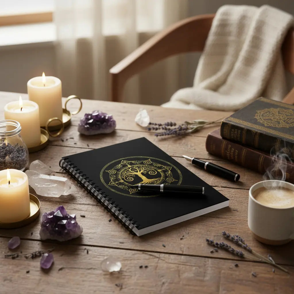 Black Gold Tree of Life Celtic Spiral Notebook Lifestyle Scene