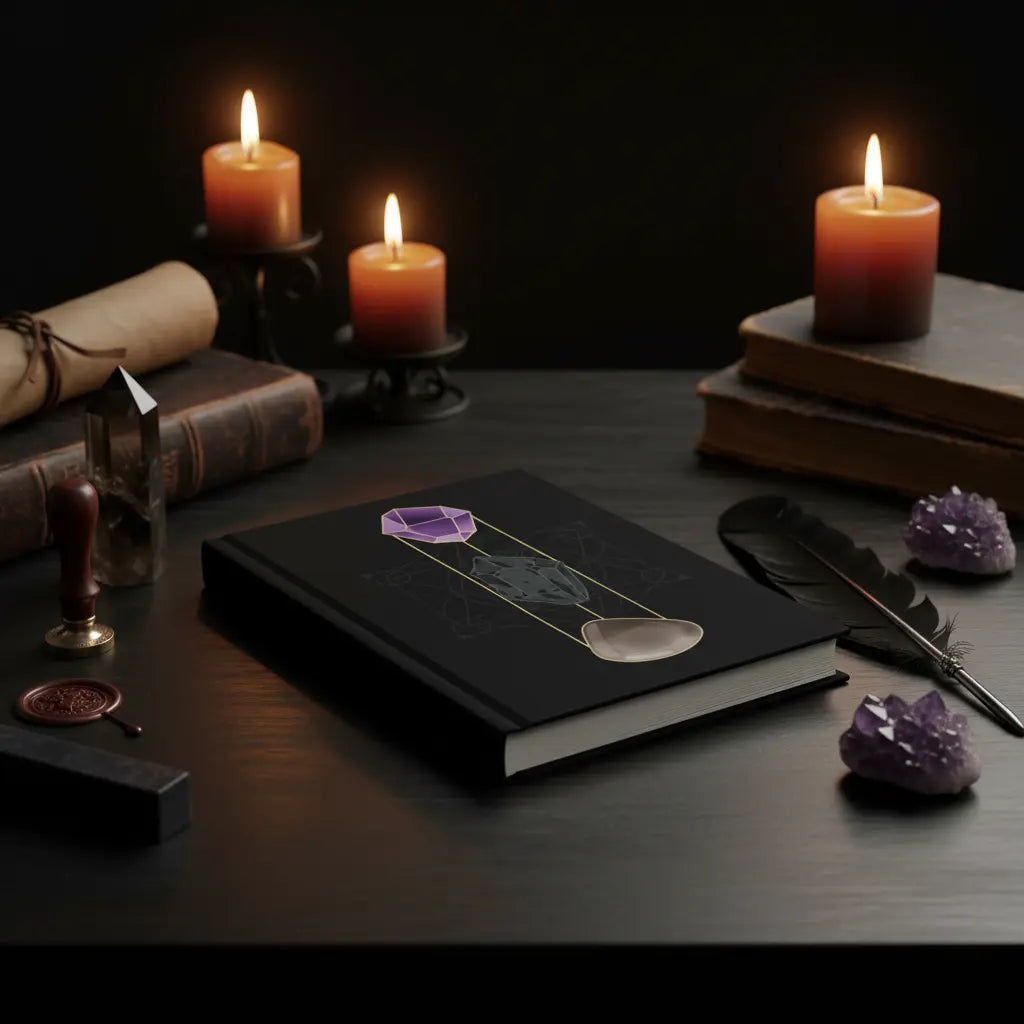 Black Hardcover Journal Amethyst Smoky Quartz Flint Dark Academia Mystical Scene