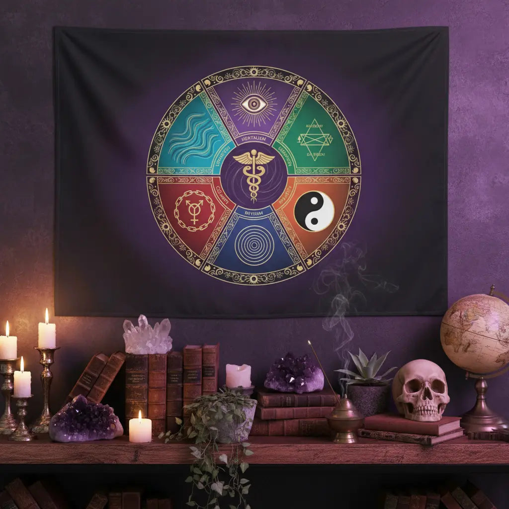 Black Purple Seven Hermetic Principles Wheel Tapestry Lifestyle Scene