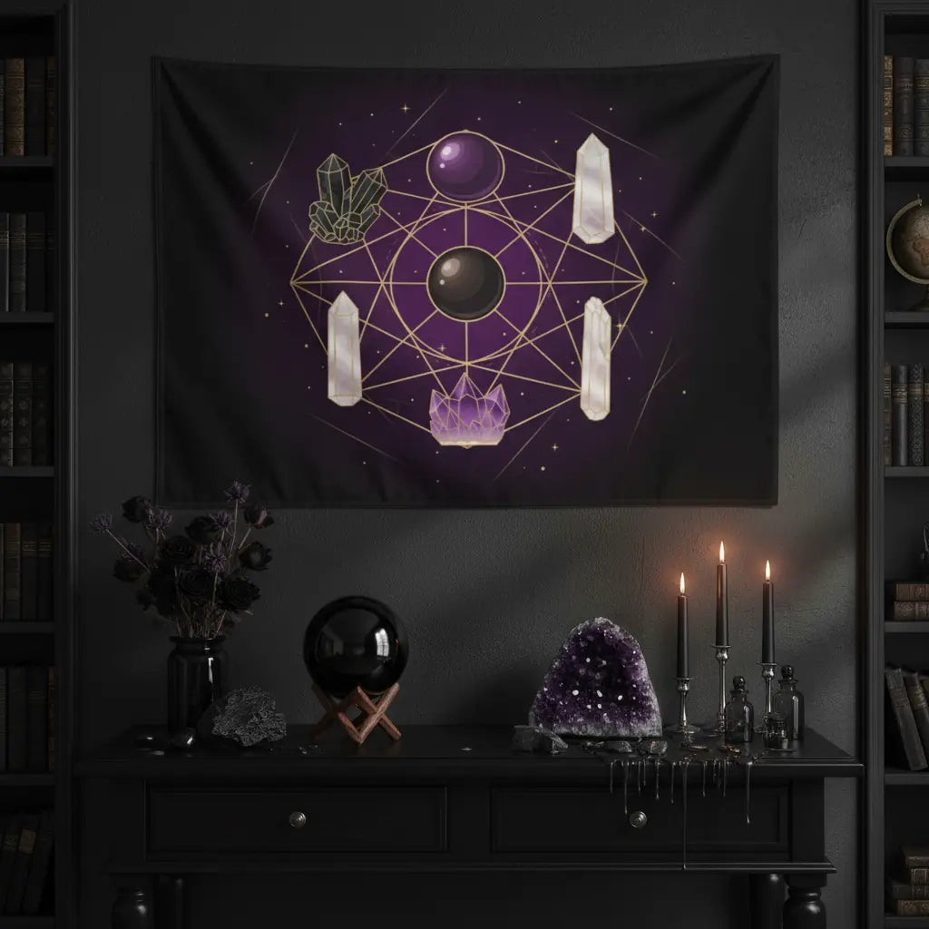 Black Purple Starry Obsidian Amethyst Tourmaline Quartz Crystal Grid Tapestry Dark Mystical Scene