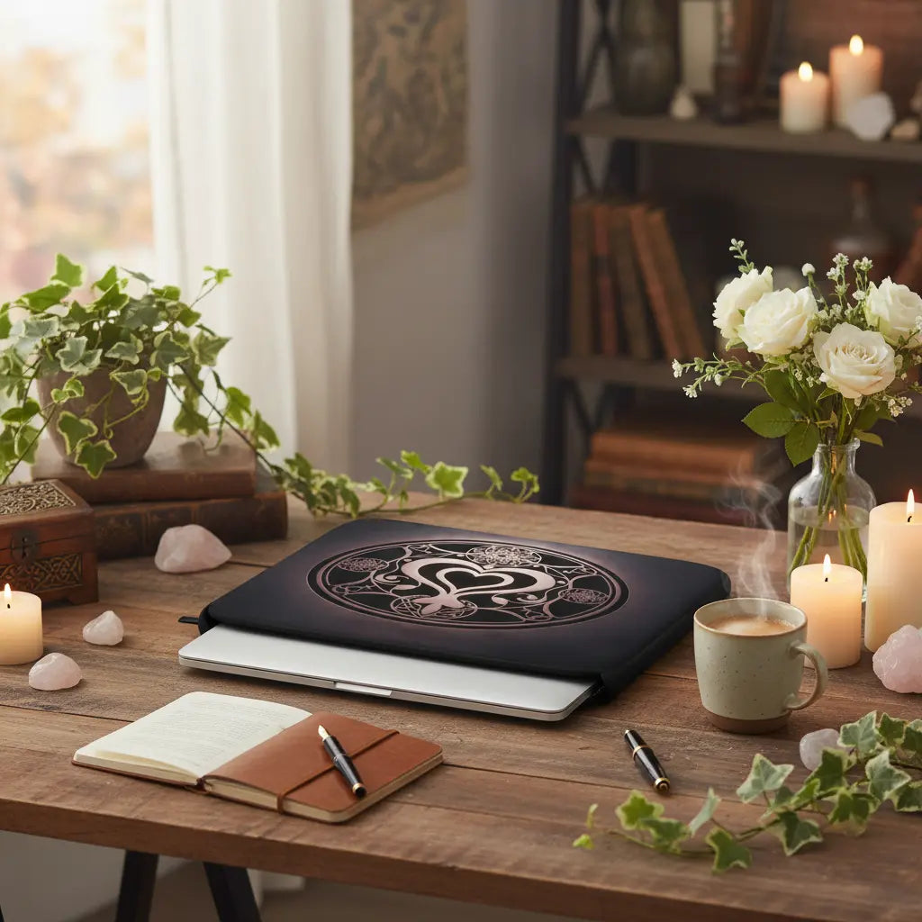 Black Rose Gold Double Heart Celtic Laptop Sleeve Lifestyle Scene